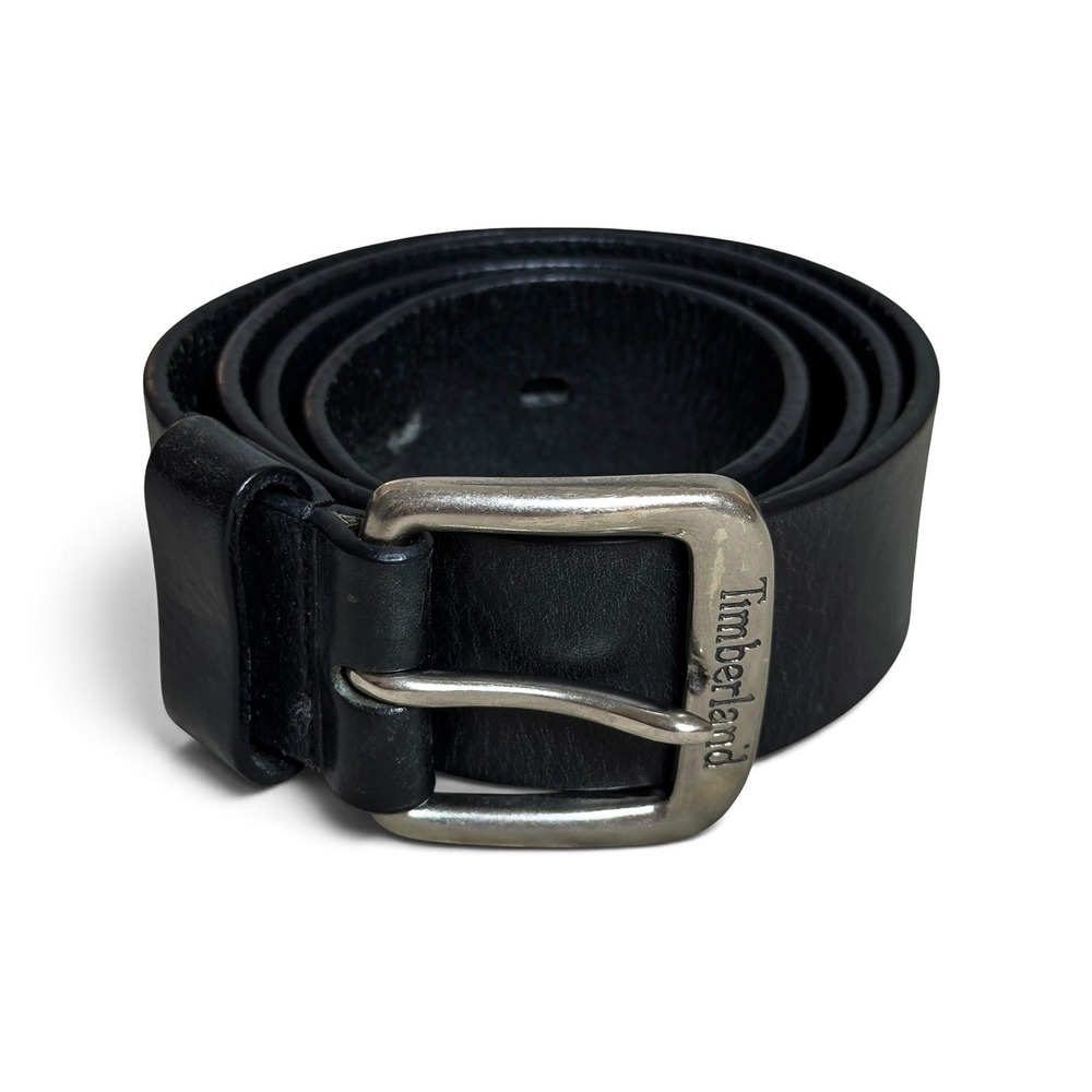 90s Timberland Black Leather Belt Engraved Buckle Gorpcore Workwear 32